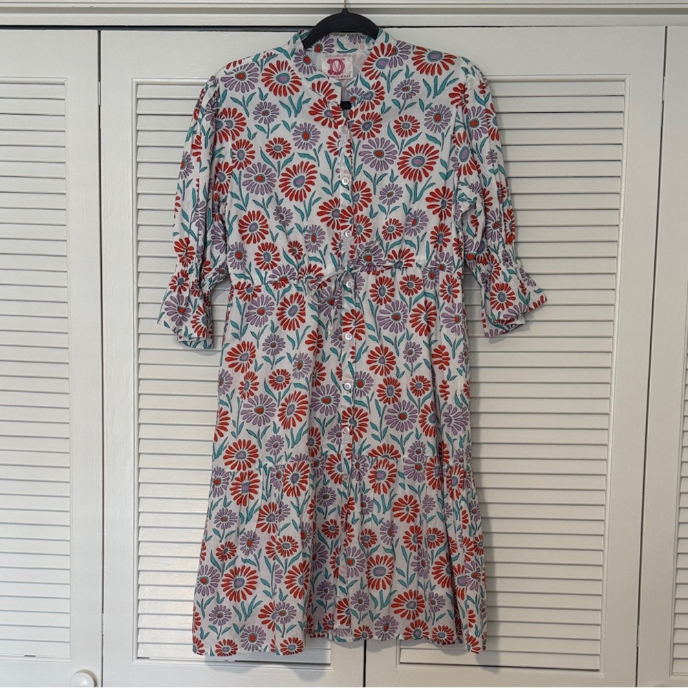 Victoria Dunn White Long Sleeve Floral Dress with Red & Purple Flowers